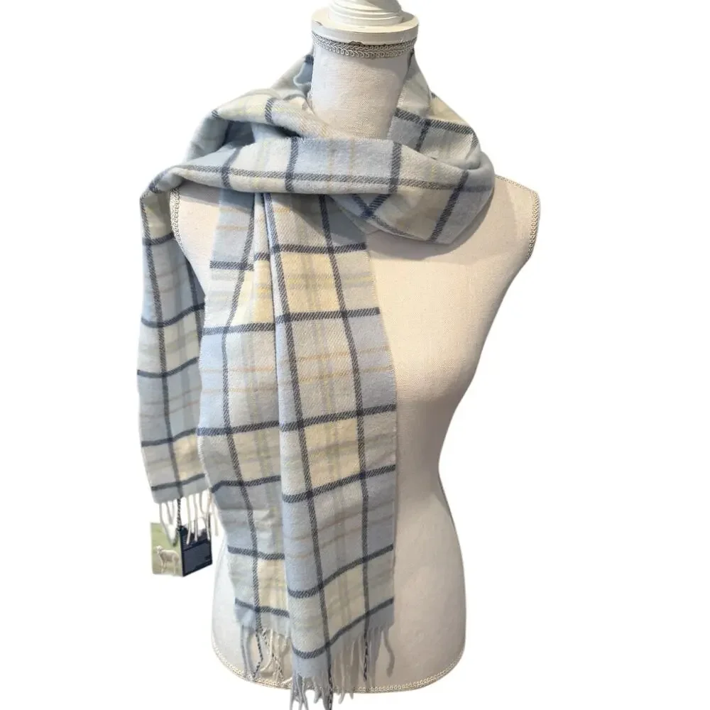 Johnstons of Elgin Scotland Lambswool Fringed Scarf Light Blue Plaid